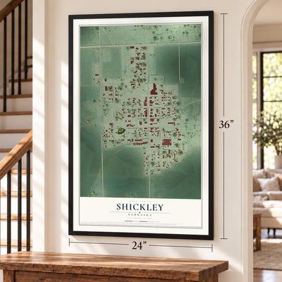 Shickley, Nebraska map, 24 x 36 inch print in a black frame by a staircase