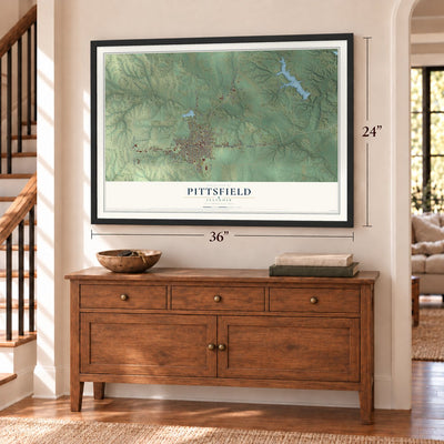 Pittsfield, Illinois map, 24 x 36 inch print in a black frame above a dresser by a staircase