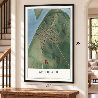 Smithland, Kentucky map, 24 x 36 inch print in a black frame by a staircase
