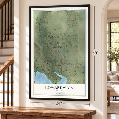 Howardwick, Texas map, 24 x 36 inch print in a black frame by a staircase