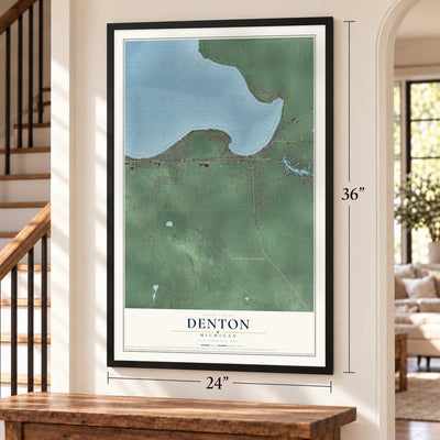 Denton, Michigan map, 24 x 36 inch print in a black frame by a staircase
