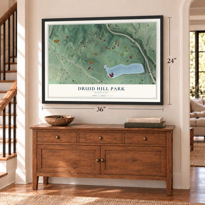 Druid Hill Park, Maryland map, 24 x 36 inch print in a black frame above a dresser by a staircase