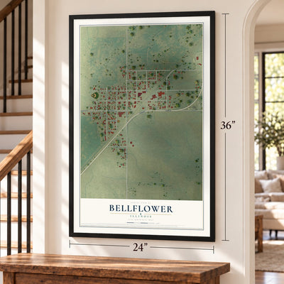 Bellflower, Illinois map, 24 x 36 inch print in a black frame by a staircase