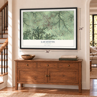 Lafayette, Tennessee map, 24 x 36 inch print in a black frame above a dresser by a staircase