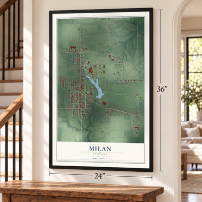 Milan, Indiana map, 24 x 36 inch print in a black frame by a staircase
