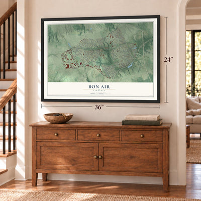 Bon Air, Virginia map, 24 x 36 inch print in a black frame above a dresser by a staircase