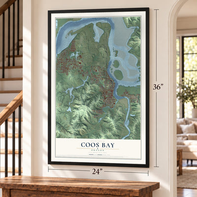 Coos Bay, Oregon map, 24 x 36 inch print in a black frame by a staircase