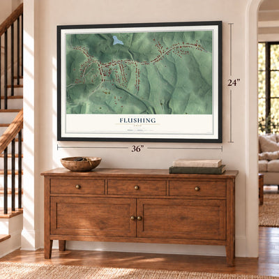 Flushing, Ohio map, 24 x 36 inch print in a black frame above a dresser by a staircase