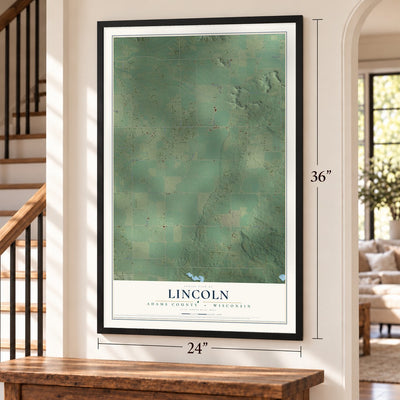 Lincoln, Adams County, Wisconsin map, 24 x 36 inch print in a black frame by a staircase