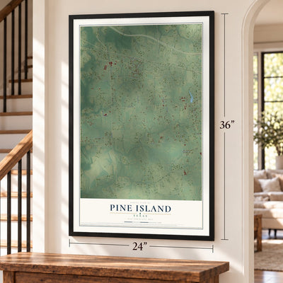 Pine Island, Texas map, 24 x 36 inch print in a black frame by a staircase
