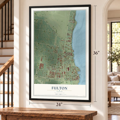 Fulton, Texas map, 24 x 36 inch print in a black frame by a staircase