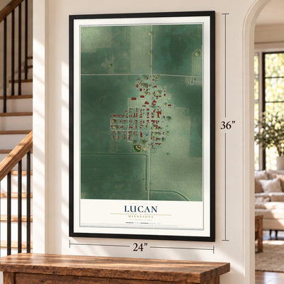 Lucan, Minnesota map, 24 x 36 inch print in a black frame by a staircase