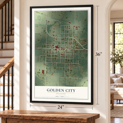 Golden City, Missouri map, 24 x 36 inch print in a black frame by a staircase