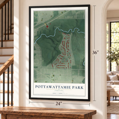 Pottawattamie Park, Indiana map, 24 x 36 inch print in a black frame by a staircase