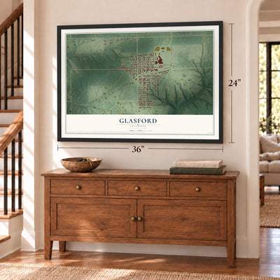 Glasford, Illinois map, 24 x 36 inch print in a black frame above a dresser by a staircase