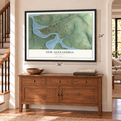 New Alexandria, Pennsylvania map, 24 x 36 inch print in a black frame above a dresser by a staircase