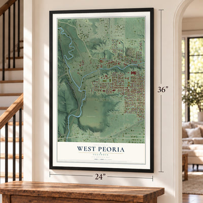 West Peoria, Illinois map, 24 x 36 inch print in a black frame by a staircase