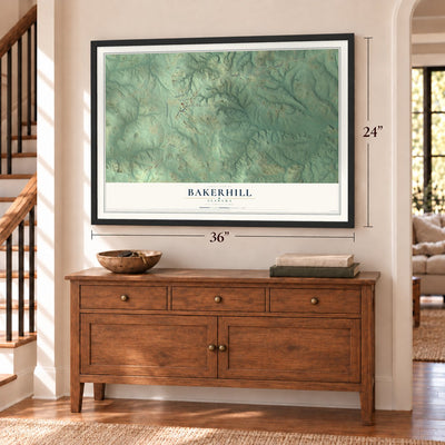 Bakerhill, Alabama map, 24 x 36 inch print in a black frame above a dresser by a staircase