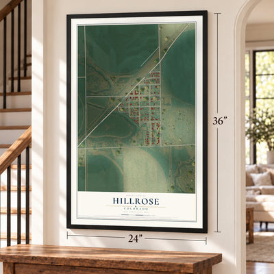 Hillrose, Colorado map, 24 x 36 inch print in a black frame by a staircase