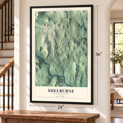 Shelburne, Massachusetts map, 24 x 36 inch print in a black frame by a staircase