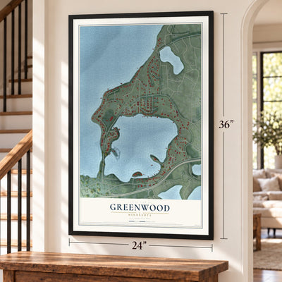 Greenwood, Minnesota map, 24 x 36 inch print in a black frame by a staircase