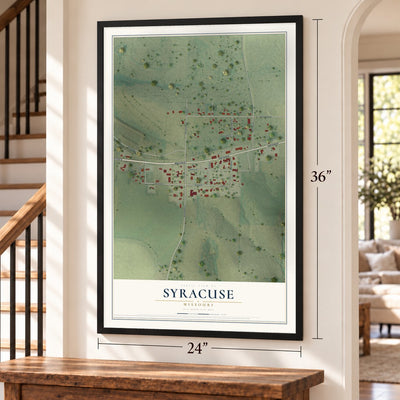 Syracuse, Missouri map, 24 x 36 inch print in a black frame by a staircase
