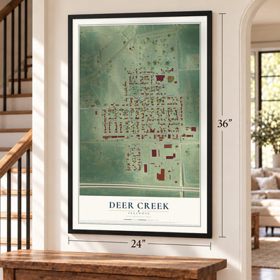 Deer Creek, Illinois map, 24 x 36 inch print in a black frame by a staircase
