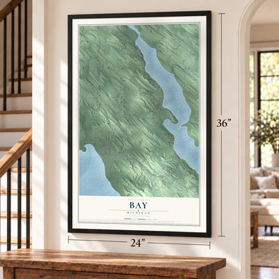 Bay, Michigan map, 24 x 36 inch print in a black frame by a staircase