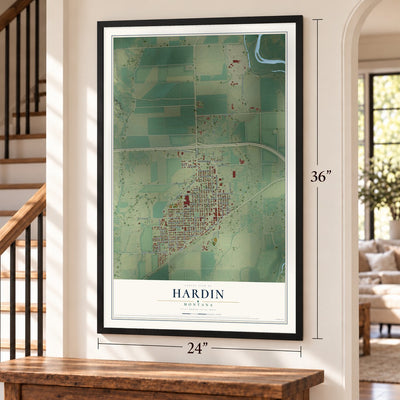 Hardin, Montana map, 24 x 36 inch print in a black frame by a staircase