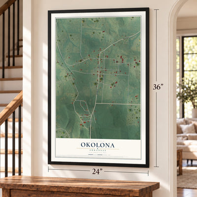 Okolona, Arkansas map, 24 x 36 inch print in a black frame by a staircase