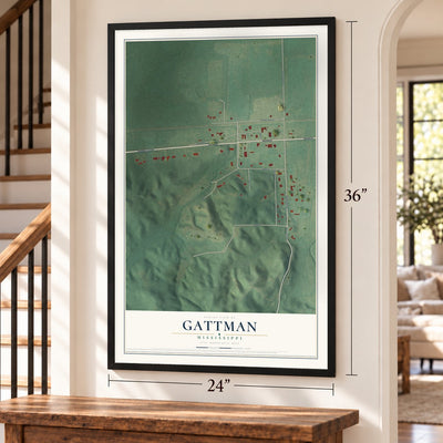 Gattman, Mississippi map, 24 x 36 inch print in a black frame by a staircase
