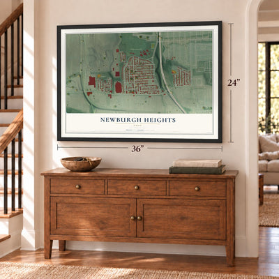 Newburgh Heights, Ohio map, 24 x 36 inch print in a black frame above a dresser by a staircase