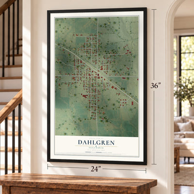 Dahlgren, Illinois map, 24 x 36 inch print in a black frame by a staircase