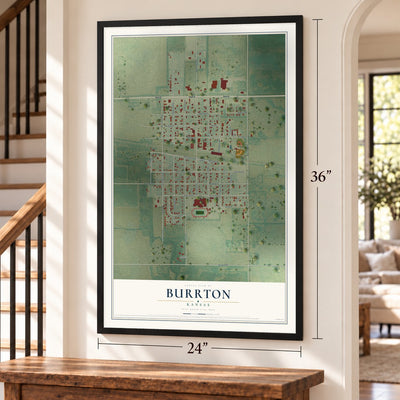 Burrton, Kansas map, 24 x 36 inch print in a black frame by a staircase