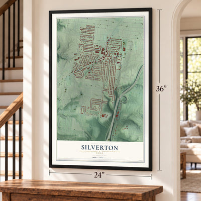Silverton, Ohio map, 24 x 36 inch print in a black frame by a staircase