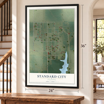 Standard City, Illinois map, 24 x 36 inch print in a black frame by a staircase