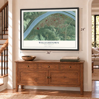 Williamstown, West Virginia map, 24 x 36 inch print in a black frame above a dresser by a staircase