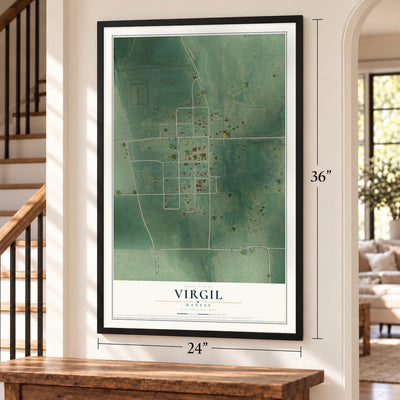 Virgil, Kansas map, 24 x 36 inch print in a black frame by a staircase