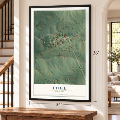 Ethel, Missouri map, 24 x 36 inch print in a black frame by a staircase