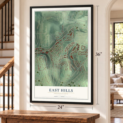 East Hills, Pennsylvania map, 24 x 36 inch print in a black frame by a staircase