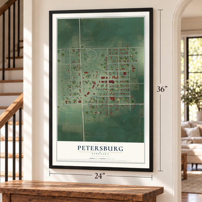 Petersburg, Nebraska map, 24 x 36 inch print in a black frame by a staircase