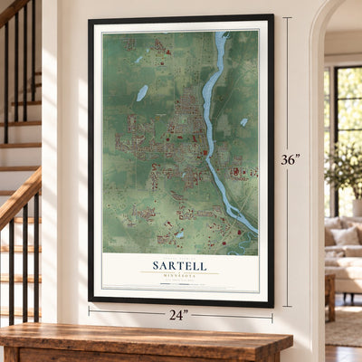 Sartell, Minnesota map, 24 x 36 inch print in a black frame by a staircase