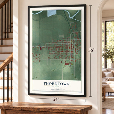 Thorntown, Indiana map, 24 x 36 inch print in a black frame by a staircase
