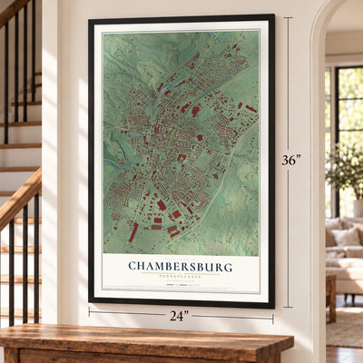 Chambersburg, Pennsylvania map, 24 x 36 inch print in a black frame by a staircase