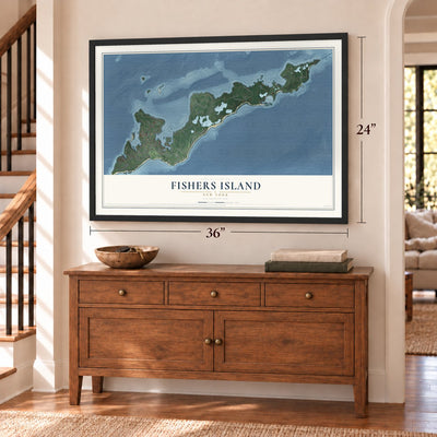 Fishers Island, New York map, 24 x 36 inch print in a black frame above a dresser by a staircase