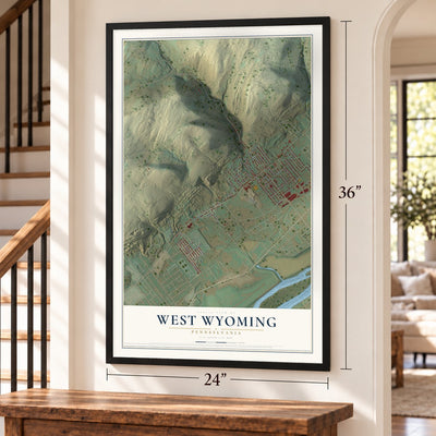 West Wyoming, Pennsylvania map, 24 x 36 inch print in a black frame by a staircase
