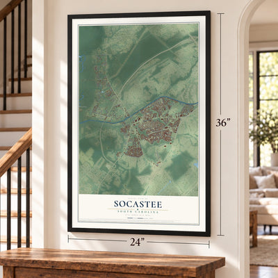 Socastee, South Carolina map, 24 x 36 inch print in a black frame by a staircase