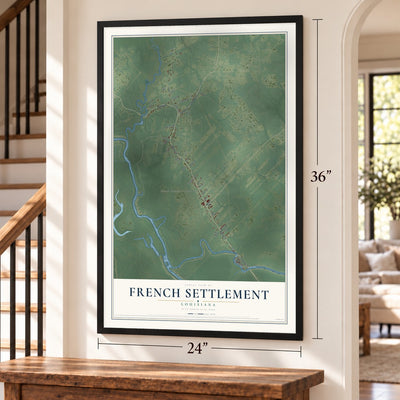 French Settlement, Louisiana map, 24 x 36 inch print in a black frame by a staircase