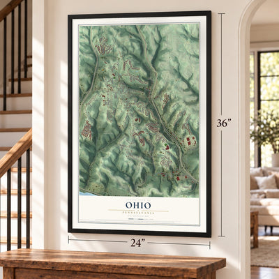 Ohio, Pennsylvania map, 24 x 36 inch print in a black frame by a staircase