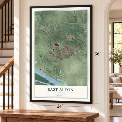 East Alton, Illinois map, 24 x 36 inch print in a black frame by a staircase